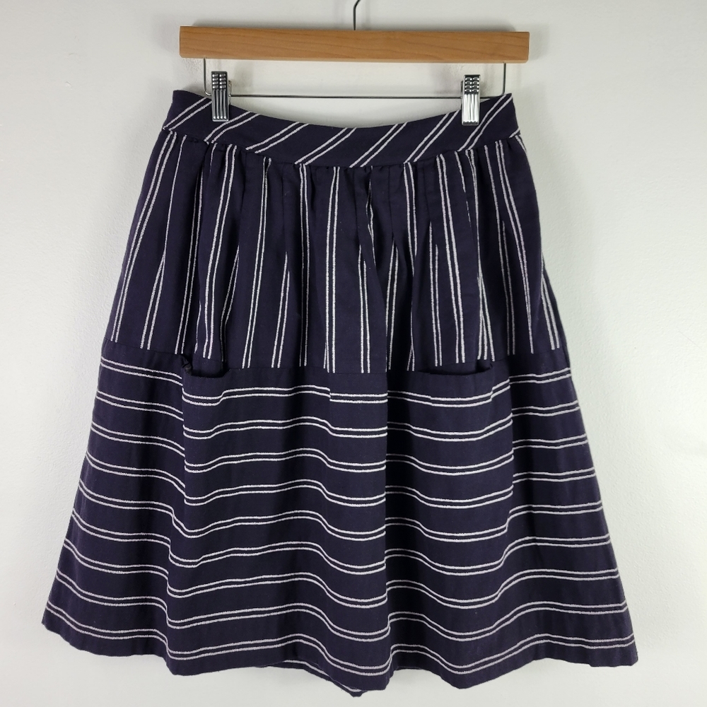 Maeve Nubby Nautical Striped Embroidered A Line Cirlce Skirt with Pockets
